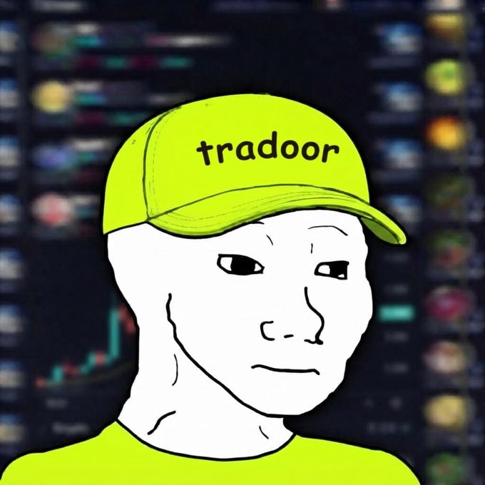 A Wojak-style meme character wearing a neon yellow cap with the text "tradoor" stares blankly, set against a blurred background of cryptocurrency trading charts—visually reinforcing the post's hype of $TRADOOR as a potential "1000x coin" with a contract address for buying.