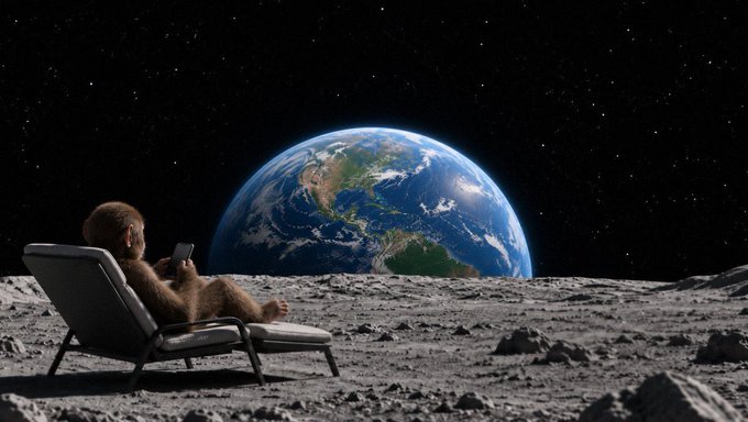 A whimsical scene of a sloth relaxing on a beach chair on the moon's surface, using a smartphone while looking at Earth in the distance.