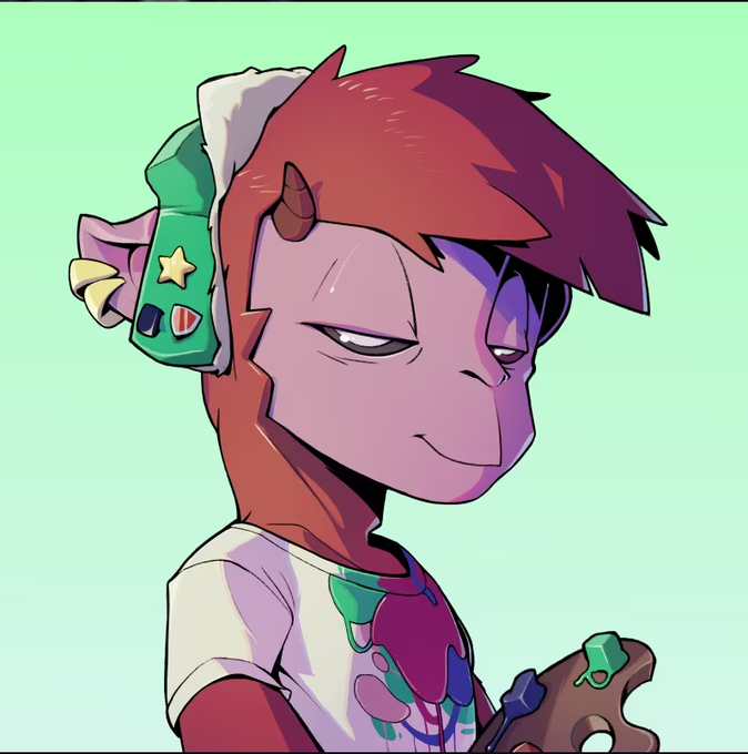 An animated illustration of a purple-skinned demon-like character with red hair, small horns, and a bow accessory, holding what appears to be a weapon.