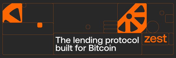 A banner for Zest, a Bitcoin lending protocol, featuring the tagline 'The lending protocol built for Bitcoin' alongside an orange geometric logo.
