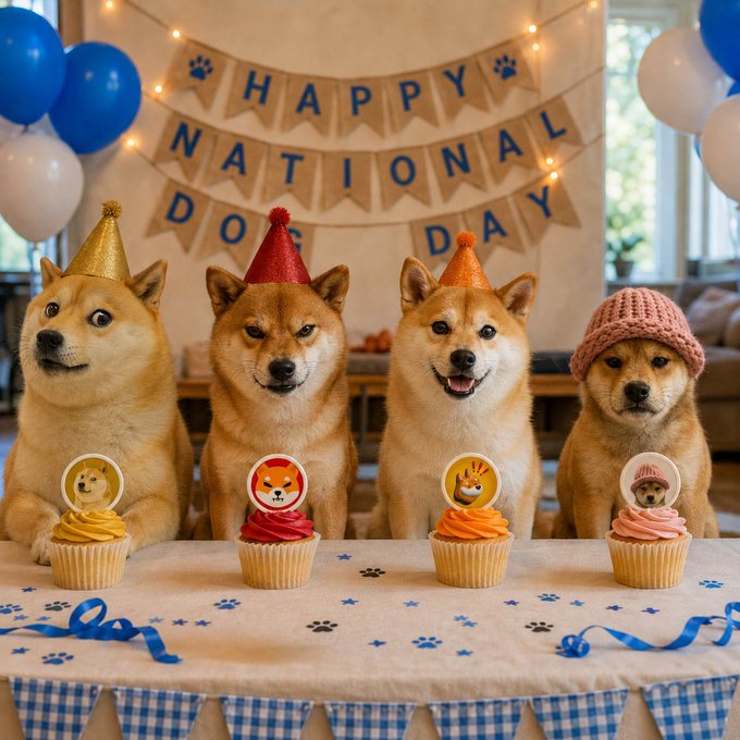 Four Shiba Inu dogs wearing party hats sit behind a table with cupcakes in front of a 'Happy National Dog Day' banner and blue and white balloons.