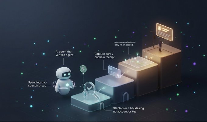 An infographic illustrating AI agent features including 'Spending-cap,' 'AI agent that verifies agent,' 'Capture card / onchain receipt,' and 'Human commissioned only when needed,' emphasizing 'Stablecoin & hackalasing: no account or key.'