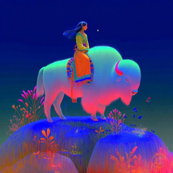 A vibrant digital illustration of a woman in traditional colorful clothing riding a glowing white bison on a blue rocky outcrop, surrounded by neon pink and orange flowers and butterflies against a dark blue background.