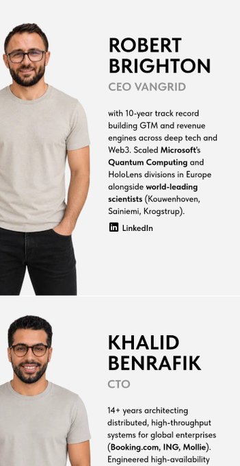 Team member profiles for Robert Brighton (CEO of VanGrid) with a 10-year track record at Microsoft Quantum Computing and HoloLens, and Khalid Benrafik (CTO) with 14+ years experience in distributed systems for Booking.com, ING, and Mollie.