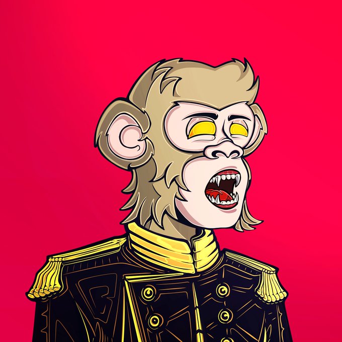 A digital illustration of an anthropomorphic monkey character with yellow eyes and sharp teeth, wearing a gold and black military-style uniform against a solid red background.