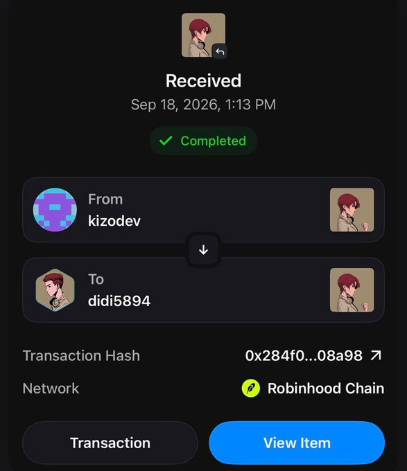 A completed blockchain transaction screenshot showing a 'Received' transfer on Robinhood Chain from kizodev to didi5894, dated Sep 18, 2026.