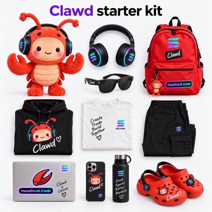 A 'Clawd starter kit' promotional merchandise bundle featuring a red lobster plush with headphones, headphones, sunglasses, a red backpack with 'musebook.trade', a 'Clawd' hoodie, 'SOLANA' t-shirt, black pants, a laptop sticker, phone case, water bottle, and red Crocs.