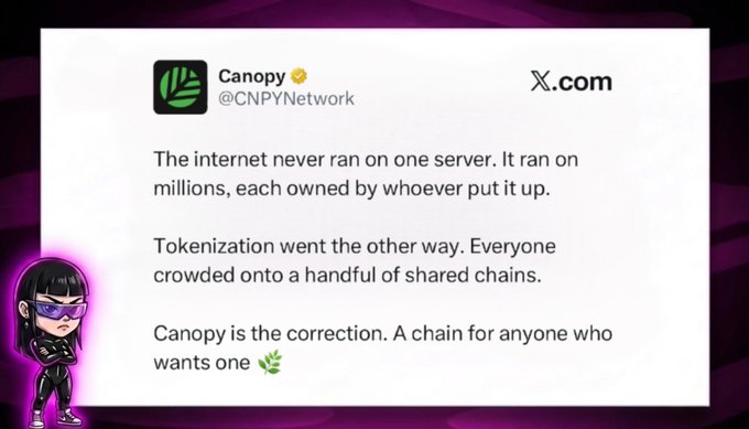A tweet from Canopy (@CNPYNetwork) stating: 'The internet never ran on one server... Tokenization went the other way. Everyone crowded onto a handful of shared chains. Canopy is the correction. A chain for anyone who wants one.'