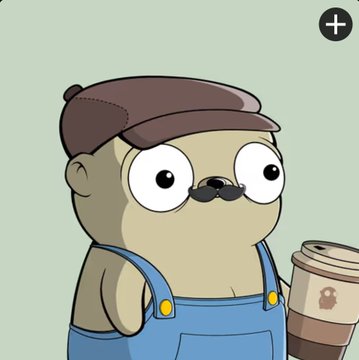 A cartoon illustration of a pug dog wearing a brown flat cap and blue overalls, holding a coffee cup with a skull logo against a light green background.