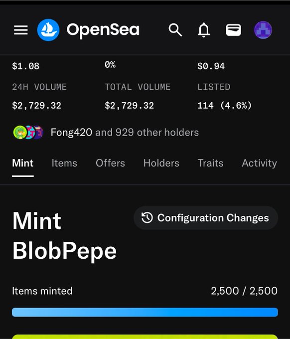 A screenshot of the OpenSea NFT marketplace page for the "Mint BlobPepe" collection shows it has fully minted out all 2,500 items, with Fong420 and 929 other holders, a floor price of $1.08, and 24H volume of $2,729.32—matching the celebratory "Minted out Wen reveal @BlobPepeRH" post marking the collection's complete sell-out.