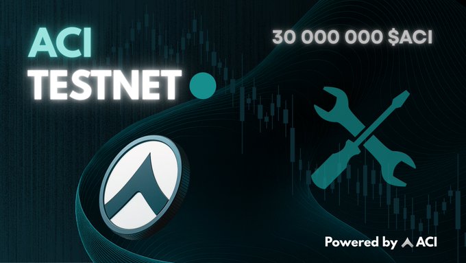 A dark teal promotional graphic for the "ACI TESTNET" featuring a coin bearing the ACI logo, crossed wrench icons, and a candlestick chart background, with "30 000 000 $ACI" displayed prominently at the top. The "Powered by ACI" branding appears in the bottom right, tying into the post's announcement of the testnet relaunch on September 2nd with rebuilt infrastructure.