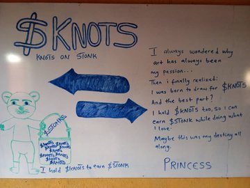 A whiteboard titled "$KNOTS - KNOTS on STANK" featuring a teddy bear drawing and handwritten text explaining the user's love for $KNOTS while studying STANK for exams, signed "PRINCESS".