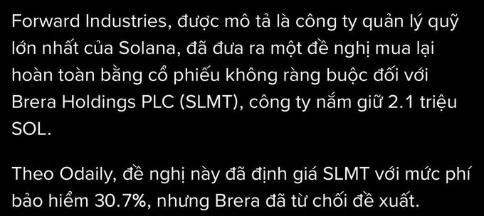 The image shows a text box with white letters containing information about a bid made by Forward Industries, Inc., for stock of Brera Holdings, PLC (SOL). The caption suggests that this could be an indication for the price of SOL to rise in the following days.
