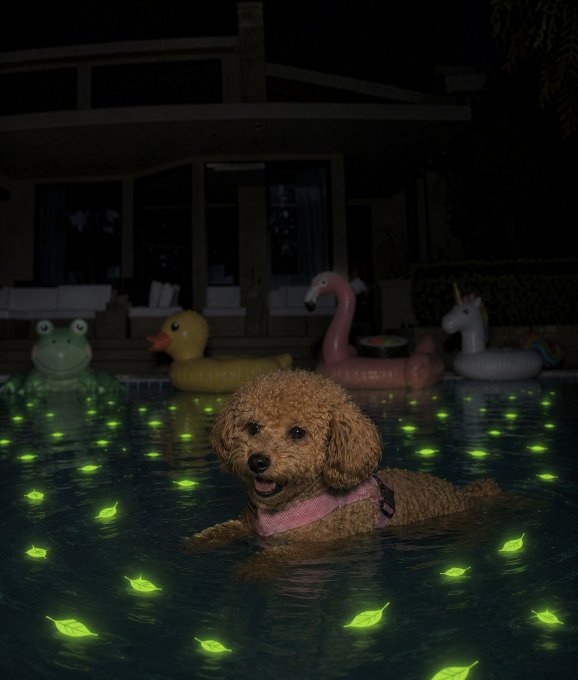 A happy brown poodle in a pink harness swims in a nighttime pool decorated with glowing green floating lights, surrounded by inflatable pool toys including a frog, duck, flamingo, and unicorn. The whimsical scene of a dog enjoying a summer pool party creates a lighthearted, approachable vibe—mirroring how the post frames crypto's "pools" battle as a playful contest where everyday users (like a beloved pet) come out winners.
