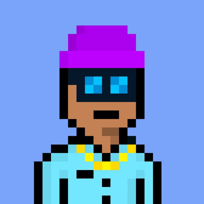 A pixel art portrait of a person wearing a purple beanie, cyan sunglasses, and a cyan jacket with a yellow shirt, set against a blue background. The character's stylized, monochromatic aesthetic and digital pixel format visually represent the NFT (non-fungible token) concept referenced in the caption, while the bullish "stonks" reference ties to the crypto/ETH trading culture.