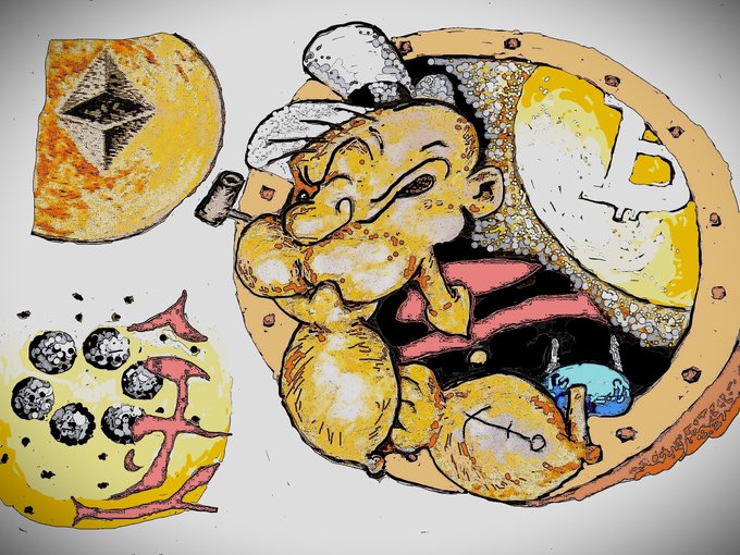Cartoon-style illustration showing a treasure chest filled with gold coins, a Bitcoin symbol, Bitcoin Cash symbol, Ethereum symbol, and a character wearing a chef's hat.
