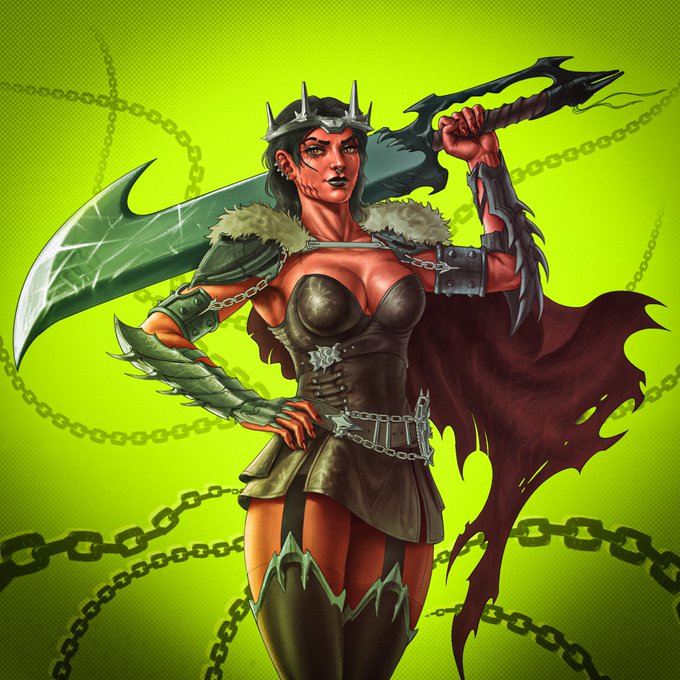 A fierce red-skinned warrior queen wearing a spiked crown and wielding a massive scythe stands defiantly against a vibrant green background crisscrossed with chains, her gothic armor and tattered cape evoking a dark, battle-ready aesthetic fitting for a $NEURO gaming NFT agent on the Robinhood Chain. The menacing, demonic appearance of the character visually reinforces the aggressive, power-driven nature of blockchain-based gaming collectibles.