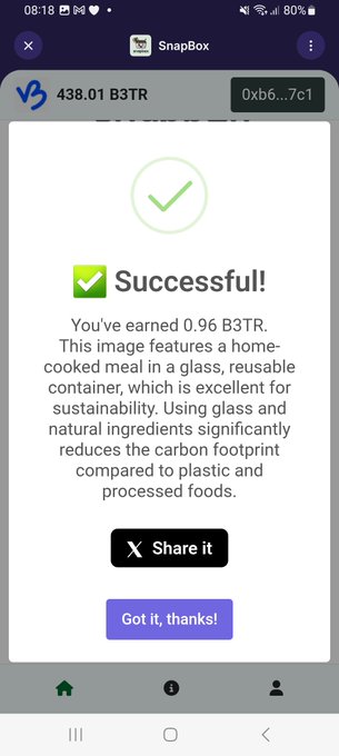 A smartphone screenshot of a 'SnapBox' app shows a 'Successful!' message for earning 0.96 B3TR, featuring a home-cooked meal in a glass container for sustainability.