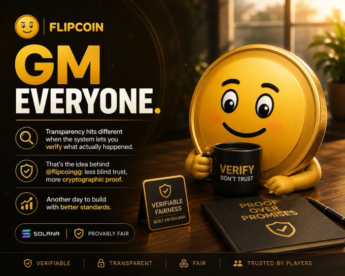 A promotional graphic for "FLIPCOIN" featuring a smiling golden coin character holding a "VERIFY, DON'T TRUST" mug, alongside a notebook titled "PROOF OVER PROMISES" and a "VERIFIABLE FAIRNESS" badge noting it's "BUILT ON SOLANA." The image reinforces the post's theme of cryptographic transparency by highlighting "PROVABLY FAIR," "SOLANA," and "VERIFIABLE" branding, visually emphasizing Flipcoin's commitment to trustless verification over blind trust.