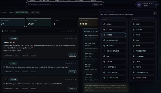 A dark-themed web interface showing social media tweets, metrics like '860.6h', and a navigation menu listing options such as 'WORKSPACE', 'WORKSPACE', 'TRADING', 'HOME', and 'X FEED'.