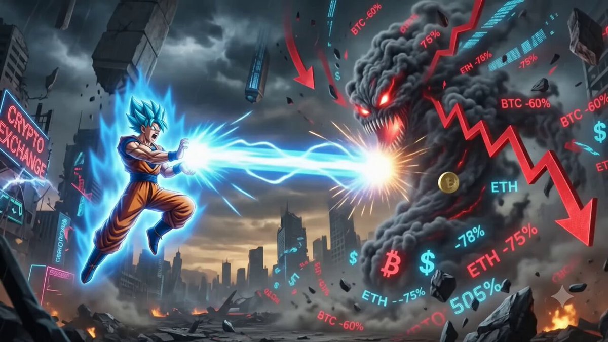 The image features a man with blue hair, dressed as Dragon Ball Z, holding a sword and shooting an arrow at a monster that has red eyes and glowing red teeth. The monster appears to be spewing out flames or fireballs from its mouth. The background of the image is filled with buildings and signs related to cryptocurrency, such as Bitcoin and Ether. The caption "Hold the line Crypto investors" suggests that there might be some sort of cryptocurrency-related event happening in this scene.