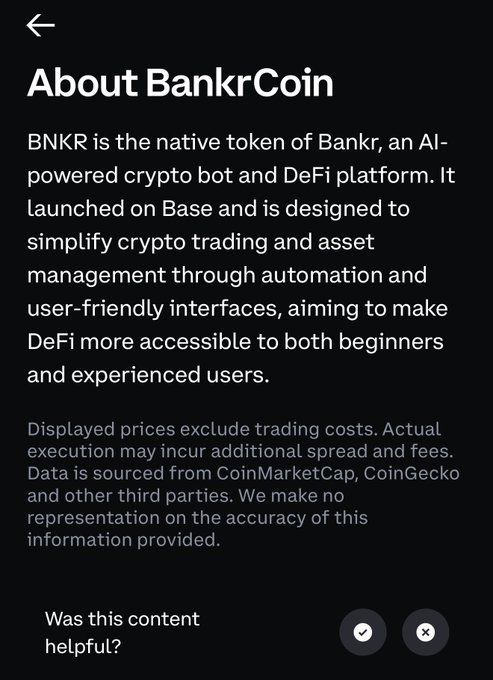 About BankrCoin info screen describing BNKR as the native token of Bankr, an AI-powered crypto bot and DeFi platform launched on Base, aimed at simplifying crypto trading and asset management.