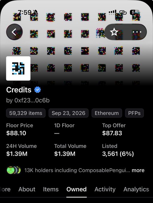 A mobile view of OpenSea displays the "Credits" NFT collection (by 0xf23...0c6b) with a verified badge, showing 59,329 items, a floor price of $88.10, top offer of $87.83, and a 24H volume of $1.39M. The image humorously contrasts the poster's modest $8 NFT holdings with this collection's impressive value and trading activity.