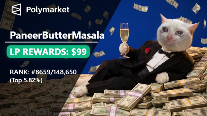 The image features a cartoon cat sitting on top of a pile of money. The cat is wearing a black suit and holding a champagne flute with both hands. The text in the image includes the words "Polymarket" and "PANERAEERBUTTERMALSALA". Additionally, there are numbers associated with this post, such as "$99", which could indicate the price of the goods or services being sold on the website.