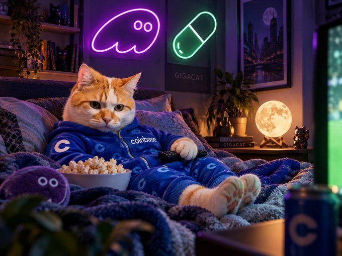 An orange cat wearing a blue Coinbase-branded hoodie relaxes on a couch, holding a TV remote next to a bowl of popcorn, with neon signs and a moon lamp glowing in the background.