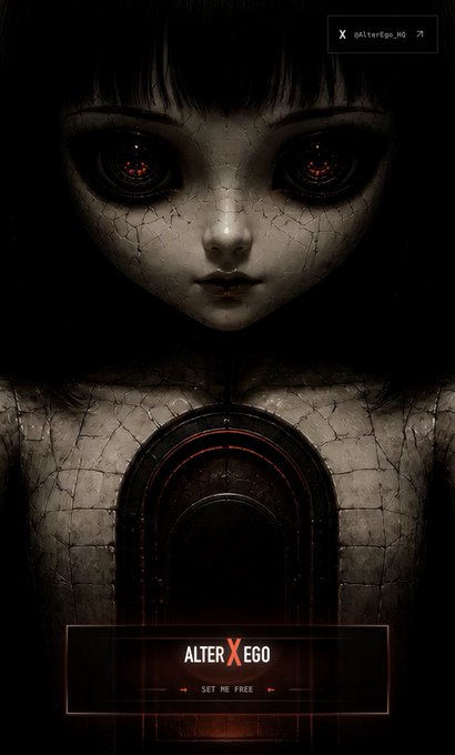 A dark, eerie digital illustration features a porcelain-like doll with cracked skin, large black eyes with red pupils, and a mechanical opening in its chest. Text at the top reads '@alterego_N0' and at the bottom reads 'ALTER X EGO' and 'SET ME FREE'.
