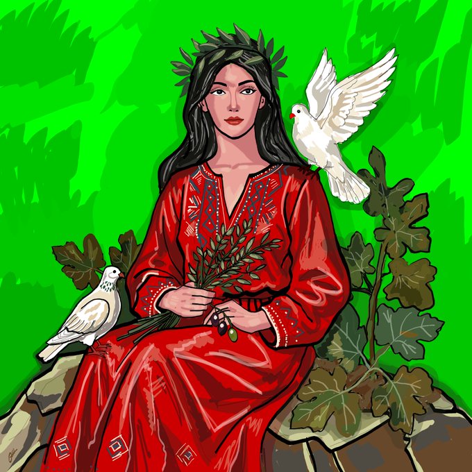 Digital illustration of a woman with long black hair wearing a laurel crown and a red embroidered dress, holding olive branches, accompanied by two white doves against a green leafy background.