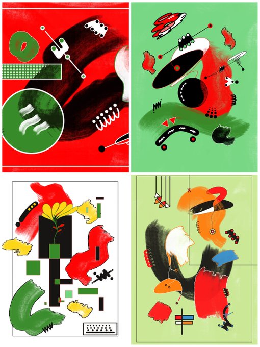 The image displays a four-panel grid of vibrant abstract artworks featuring bold red, green, black, and yellow brushstrokes alongside geometric shapes, dots, and squiggles, with no visible text. This collage illustrates the artist's progression and evolution of their abstract style over their first year, showcasing how vivid contrast and bold color choices developed across these limited edition pieces on objkt.com.