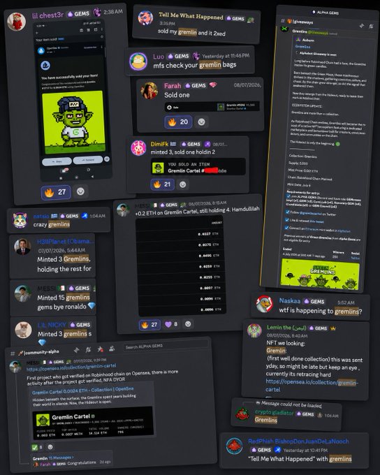 A collage of Discord screenshots from the ALPHA GEMS community showcases activity around "Gremlin Cartel," with members like Meso, Farah, and DimiFX reporting trades of "gremlin" gems and Gremlin Cartel NFTs, including one entry highlighting "+0.2 ETH on Gremlin Cartel" and another noting a mint at 0.02708. The post celebrates securing 200 spots for Gremlin Cartel and credits community members for a price run from ~$2 to +$150.