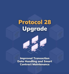 A graphic announcing "Protocol 28 Upgrade" for Pi Network, featuring interconnected cube icons and highlighting improvements in transaction data handling, smart contract upgrades, and contract maintenance. The image visually represents the network upgrade discussed in the post, which details Pi Network's transition from Protocol 27 to Protocol 28 on its Testnet following the successful Mainnet upgrade.