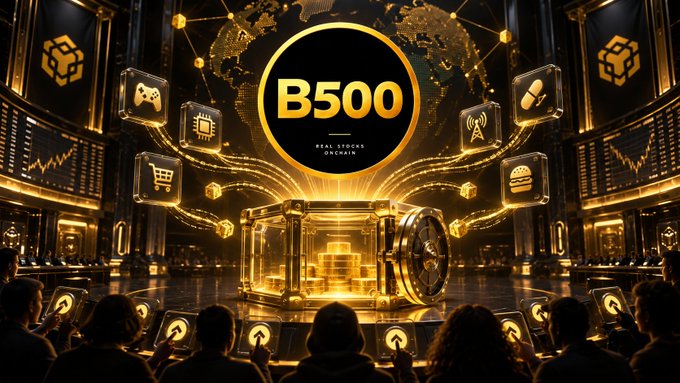 A promotional graphic featuring a large gold 'B500' logo with 'REAL STOCKS ONCHAIN' underneath, surrounded by icons for gaming, retail, and food, centered around an open golden vault revealing gold bars while a crowd watches below.