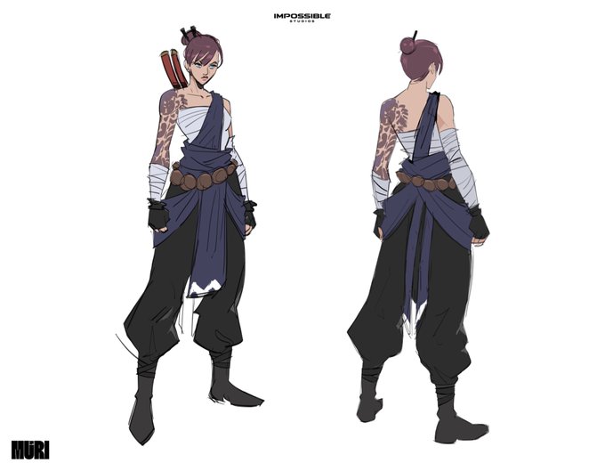 Character concept art titled 'MURI' from 'IMPOSSIBLE STUDIO', showing front and back views of a female warrior with purple hair, tattoos, and blue ninja-style clothing.