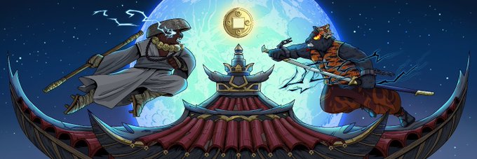 A stylized video game scene showing two warriors with weapons facing each other on a pagoda roof, with a full moon and a coin symbol in the background.