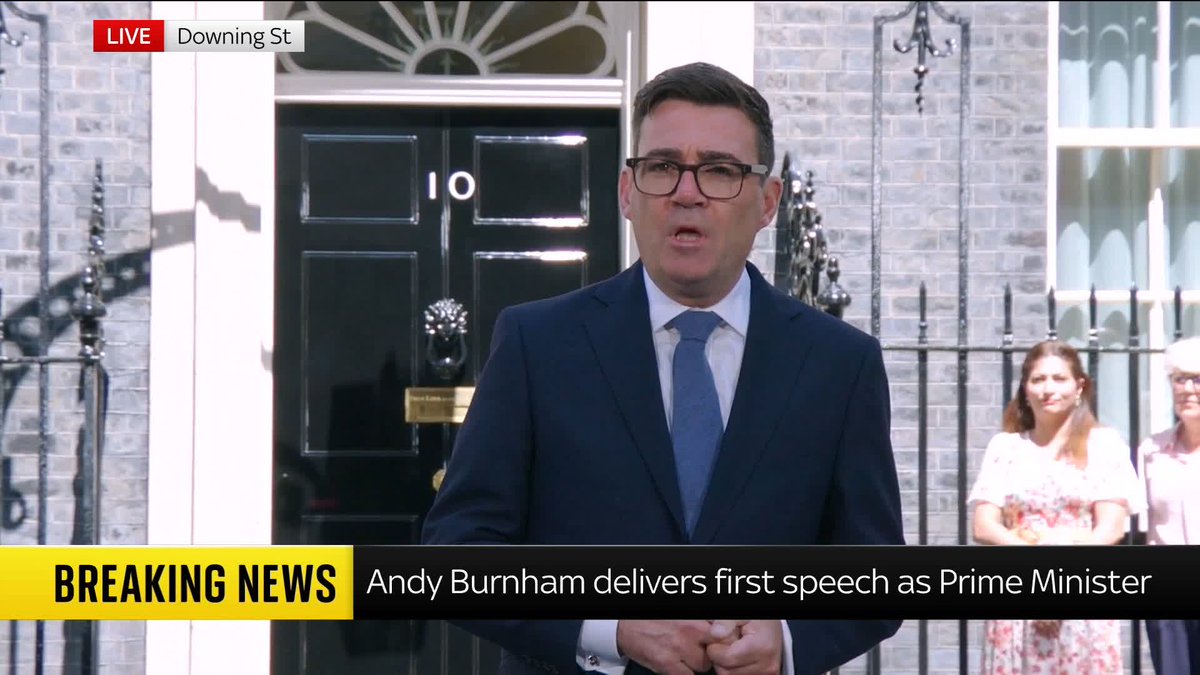 A news broadcast from Downing St features a breaking news banner reading 'Andy Burnham delivers first speech as Prime Minister.'