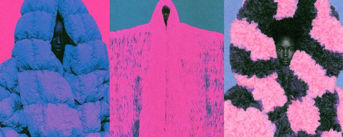 A vibrant, high-fashion editorial triptych featuring models wearing avant-garde outfits in striking blue and pink textured garments against solid colored backgrounds.