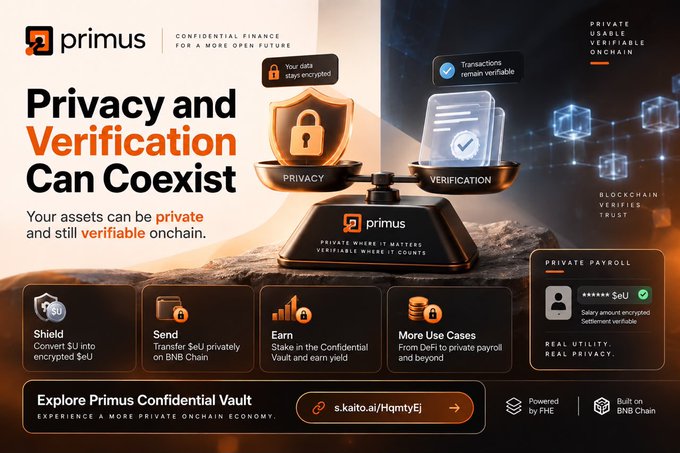 A promotional graphic for 'primus' advertises that 'Privacy and Verification Can Coexist' for confidential finance on the blockchain.