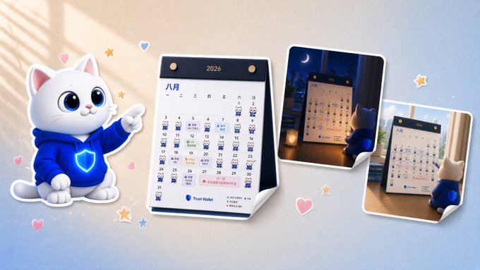 A cute white cartoon cat mascot wearing a blue hoodie with a shield logo points toward a 2026 desk calendar showing "八月" (August) with a "Trust Wallet" label, accompanied by two photos of the cat interacting with the calendar on a cozy desk—visually tying the TrustCat memecoin branding to Trust Wallet and teasing a community product launch.