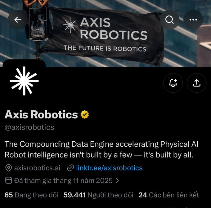 Twitter/X profile page for 'Axis Robotics' (@axisrobotics) with a banner reading 'THE FUTURE IS ROBOTICS', bio stating 'The Compounding Data Engine accelerating Physical AI', and stats showing 65 following, 59,441 followers, and 24 linked accounts.