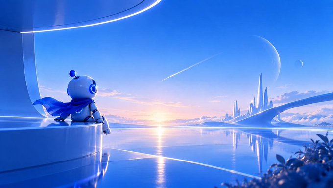 A small robot with a blue cape sits on a ledge overlooking a futuristic landscape with a glowing sunset, reflective water, distant spires, and planets in the sky.