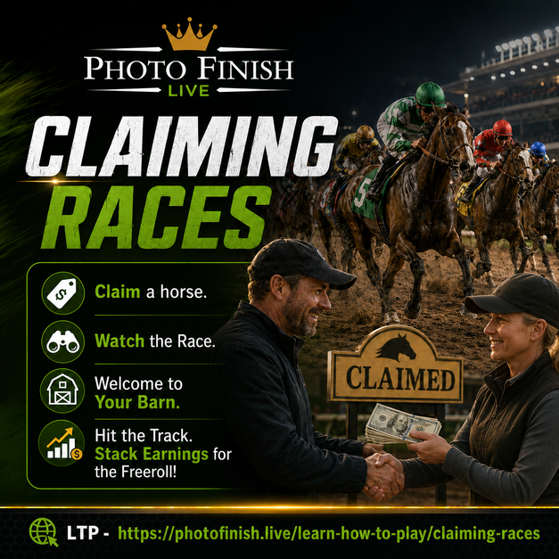 An advertisement for 'PHOTO FINISH LIVE CLAIMING RACES' showing a handshake over cash between two people, with horse racing imagery and bullet points: 'Claim a horse,' 'Watch the Race,' 'Welcome to Your Barn,' and 'Hit the Track. Stack Earnings for the Freeroll.'