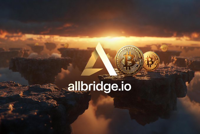 A promotional image for allbridge.io showing the Allbridge logo and two Bitcoin coins sitting on a rocky outcrop against a cloudy sunset.