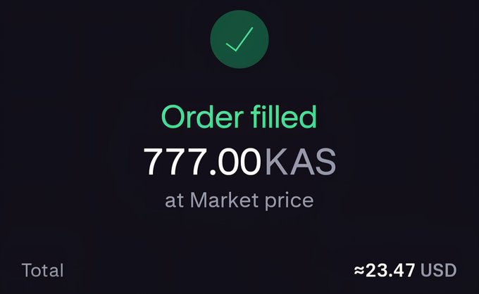 A screenshot confirming a "Order filled" status for the purchase of 777.00 KAS at market price (≈23.47 USD). The image visually supports the post's celebration of buying 777 KAS tokens to commemorate the Toccata Hardfork Launch.
