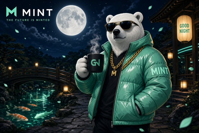 A digital illustration features a polar bear wearing sunglasses and a green 'MINT' puffer jacket holding a mug, set against a Japanese garden backdrop with koi pond, full moon, and lanterns reading 'GOOD NIGHT', branded 'MINT - THE FUTURE IS MINTED.'