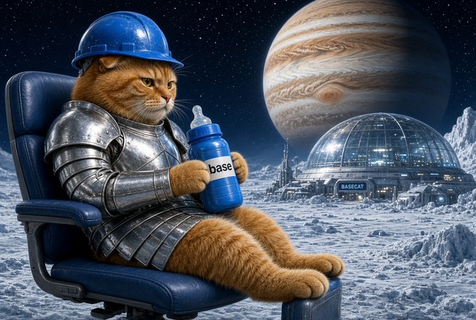 A whimsical digital illustration shows an orange cat wearing silver knight's armor and a blue hard hat, lounging in a chair and holding a blue baby bottle labeled 'base', set against a lunar landscape with a 'BASECAT' moon base and Jupiter looming in the background.