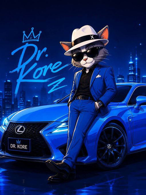 The image shows a stylized cartoon cat wearing a white fedora, sunglasses, and a sharp blue suit, leaning against a blue Lexus car, with stylized text "Dr. Kore" and "DR. KORE" visible.

The image's confident, luxury aesthetic aligns with the post's empowering message about seizing the day and making an impact—presenting "Dr. Kore" as a bold, stylish persona ready to take on whatever opportunities the day brings.