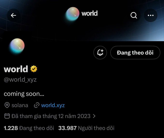 The image shows the X (formerly Twitter) profile page for "world" (@world_xyz), a Solana-based project with 33,987 followers and the bio "coming soon...", scheduled to launch in December 2023. The post highlights world as an emerging all-in-one or prediction market platform on Solana that's gaining significant community attention.